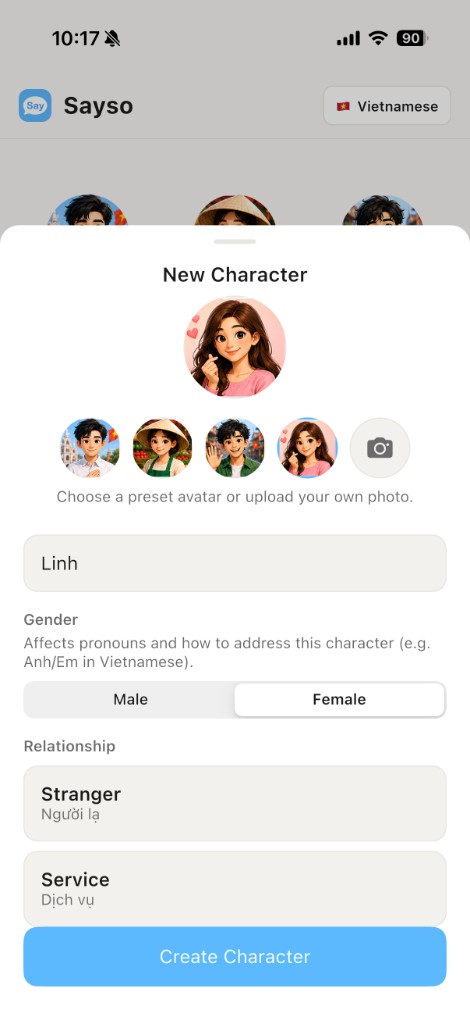 Sayso — create a custom character with name, gender, and relationship