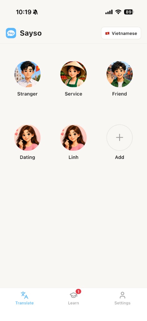 Sayso — character grid with presets and custom contacts